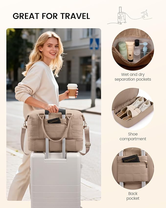 LOVEVOOK Travel Duffel Bag - Versatile Weekender Bag for Women, Puffer Carry On & Overnight Bag for Short Trips, Pink