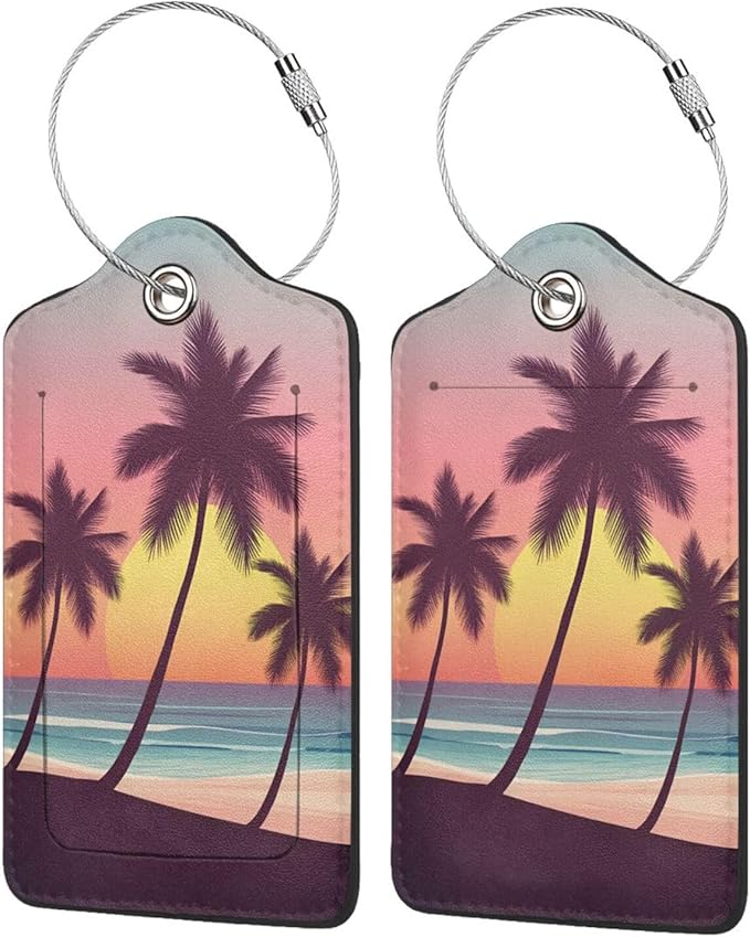 2 Pack Luggage Tags for Suitcases, PU Leather Bag Tag with Privacy Cover Address Card Travel Essentials-Beach Palm Tree