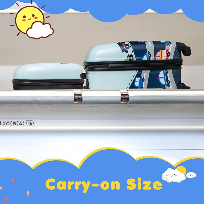 BABY JOY 2 Pcs Kids Luggage Set, 16" Toddlers Carry-on Suitcase & 12" Backpack Set, Children Travelling Case w/ 4 Casters, Retractable Handle, Lightweight Trolley Case for Boys Girls (Little Cars)