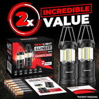 GearLight Camping Lantern - 2 Portable LED Battery Powered Lantern with Magnetic Base and Foldable Hook for Emergency Use or Campsites, Essential Hurricane Survival Kit with Batteries - Black