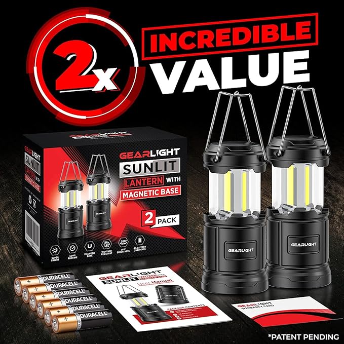 GearLight Camping Lantern - 2 Portable LED Battery Powered Lantern with Magnetic Base and Foldable Hook for Emergency Use or Campsites, Essential Hurricane Survival Kit with Batteries - Black
