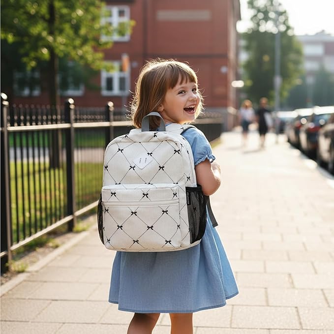 STEAMEDBUN Corduroy Kids Backpack for Girls Boys 3-8, Girls Backpack for Elementary Kindergarten - Bow