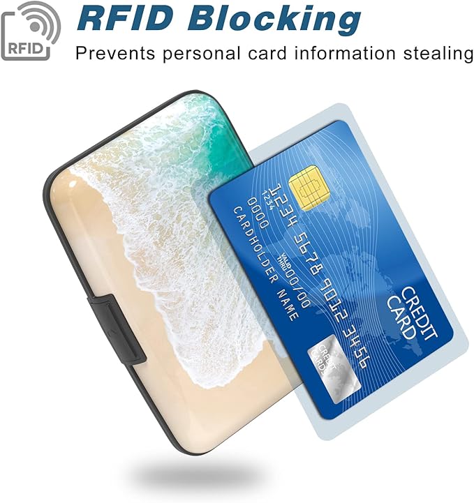 Credit Card Holder, Mini Aluminum Card Wallet RFID Blocking Slim Metal Hard Card Case for Women Men, Beach