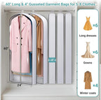 SLEEPING LAMB 60" Long Hanging Garment Bags for Closet Storage Gusseted Clear Dress Bag for Clothes, Gowns, Coats, Suits, 5 Packs