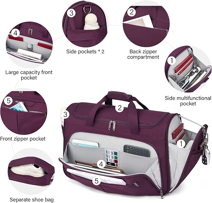 Hanke Large Capacity Travel Duffel Bag, Carry On Luggage with 12 Pockets, 17 Inch Laptop Compartment, Wet Dry Separation & Independent Shoe Bag, Lightweight Foldable Duffel Bag for Women Men（Purple）