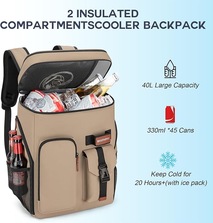 BAGPARKK Insulated Cooler Backpack,33/45 Cans Multifunctional Double Deck Leakproof Cooler Bag with Sternum Strap,Large Capacity Lightweight Travel Camping Beach Backpack