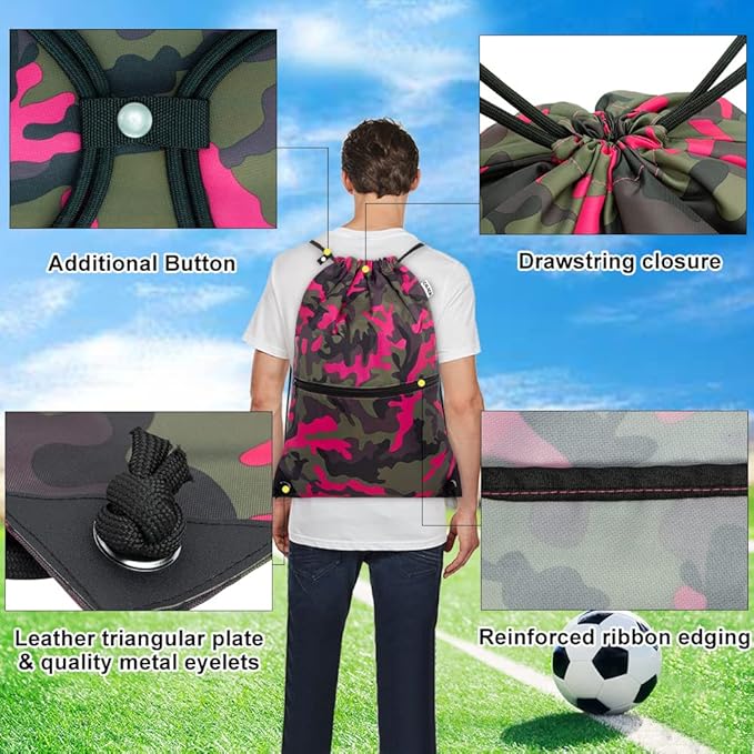 draw string back bag, Large Gym Sports string backpack for men and women with front zipper pocket and inside zipper pocket to keep key or phone(Pinkgreen camo)