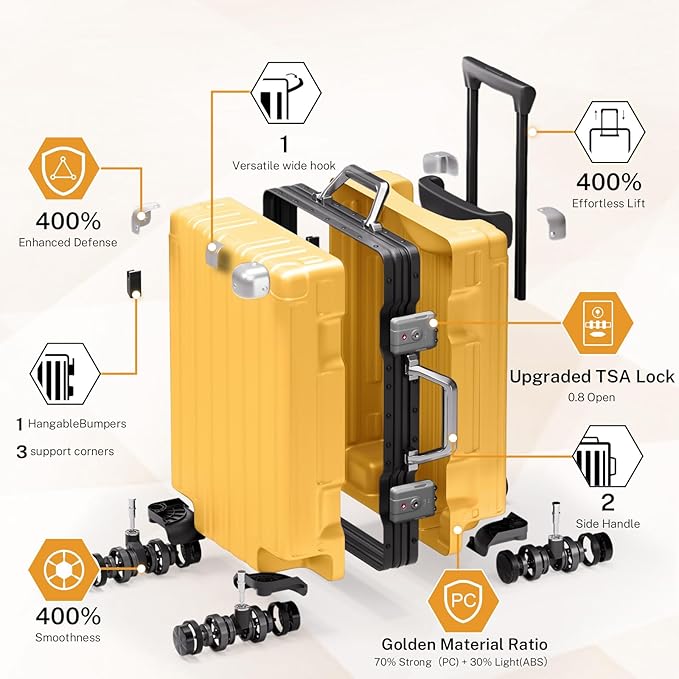 Krute Carry On Luggage 20 inch Aluminum Frame Luggage with Spinner Wheels Hardshell No Zipper PC+ABS TSA Lock Zipperless Suitcases Yellow