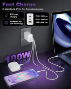 USB C Charger Block 100W, 3-Port GaN Super Fast Phone Charger for Samsung, Type C 65W Laptop Chargers with 10ft USB C Charging Cable for MacBook Pro/Air,iPad Pro, iPhone 17/16, S26 Ultra/S25[2 Pack]