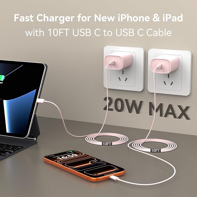 Phone 17 16 15 Charger Fast Charging, 10 FT Long USB C Charger Cord with 20W Type C Fast Phone Charging Block forPhone 17/17 Pro/17 Pro max/Air/Phone 16 15 Pro Max Plus, iPad, Android,Pink
