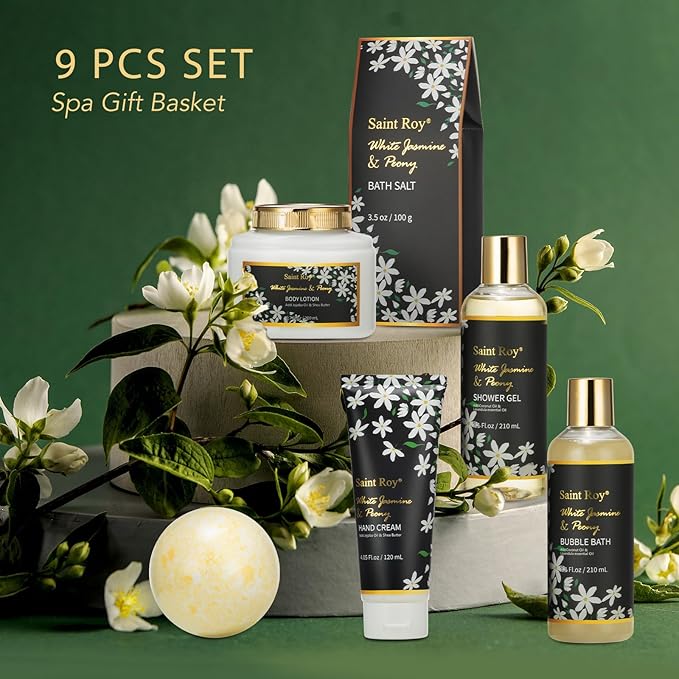 Mothers Day Gifts for Women Spa Day Gifts for Women, White Jasmine Peony Spa Gift Basket Set, Self-Care Relaxation Bath Kit, Nail Clippers, Bath & Body Care Set, Birthday, Christmas, Anniversary