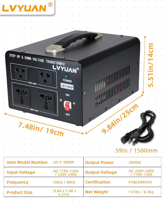 LVYUAN 3000 Watt Voltage Converter Transformer Heavy Duty Step Up/Down AC 110V/120V/220V/240V Power Converter with 2 US Outlets, 2 Universal Outlets, Resettable Circuit Breaker Protection
