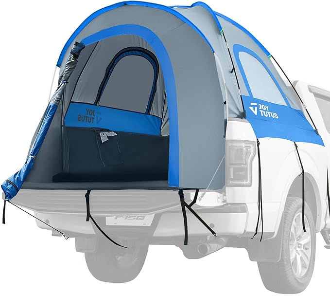 JOYTUTUS Truck Tent, Portable Truck Bed Tent with Rainfly, Truck Tent for 6.5' with Fiberglass Pole, Waterproof PU2000mm Double Layer for 2 Person - Blue