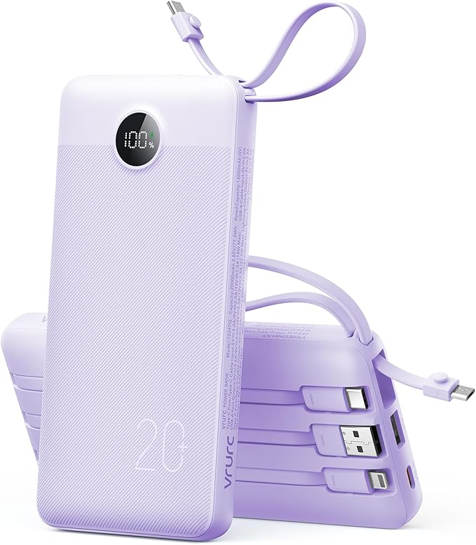 VRURC Portable Charger Slim 20000mAh Power Bank,22.5W PD Fast Charging Travel Essentials Powerbank 4-Built-in-Cables&2 Extra Ports Compatible with iPhone,iPad,Galaxy,Android (Purple)