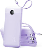 VRURC Portable Charger Slim 20000mAh Power Bank,22.5W PD Fast Charging Travel Essentials Powerbank 4-Built-in-Cables&2 Extra Ports Compatible with iPhone,iPad,Galaxy,Android (Purple)