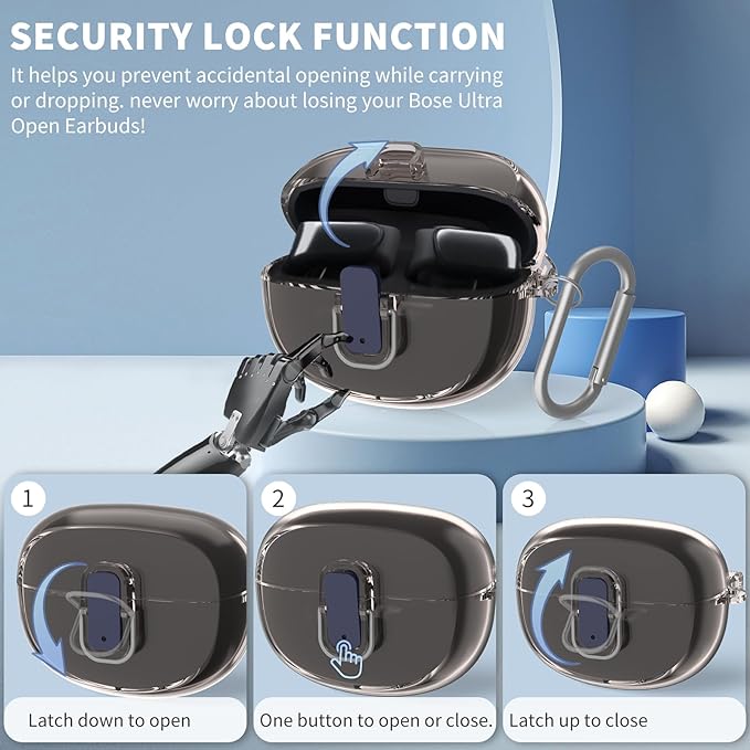 [Secure Lock] for Bose Ultra Open Earbuds Case(2024), TUDIOW Clear TPU Shockproof Protective Cover for Bose Open Ear Wireless Earbuds Accessories with Cleaning Kit & Keychain (Clear Grey)