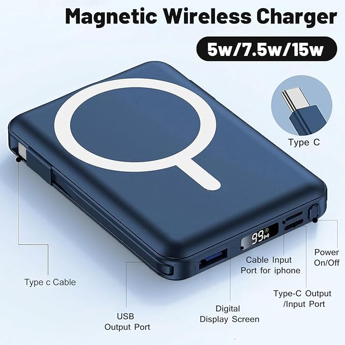 Azmuth for MagSafe Portable Charger, 10000mAh Magnetic Power Bank with 20W PD USB-C Fast Charging LED Display for MagSafe Battery Pack, Magnetic Travel Charger for iPhone 17/16/15/14/13/12 Series