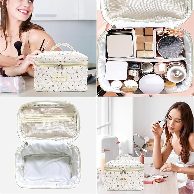 Gosect Large Travel Quilted Makeup Bag for Women,Big Floral Cotton Cosmetic Bag, Cute Coquette Aesthetic Floral Toiletry Organizer Bag (White Cherry)