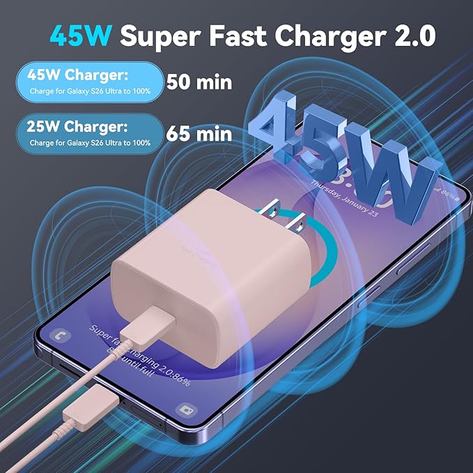 45W Super Fast Charger USB C Android Phone Type C Charger Fast Charging Block with 6.6FT Cord for Samsung Galaxy S26/S26 Ultra/S26+/S25 Ultra/S25/S24 Ultra/S24/S23 Ultra/S22/S21/S20/Note 10, Pink
