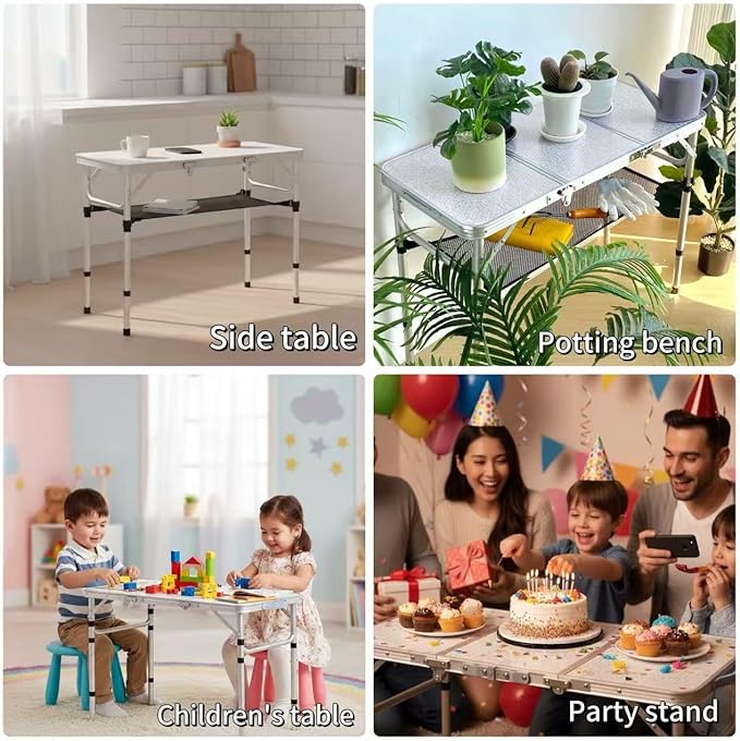 Yriuat Folding Camping Table 3ft Portable Pinic Table Adjustable Height Small Card Table Aluminum Foldable Lightweight with Carry Handle for Outdoor Indoor Hiking Camp BBQ Beach