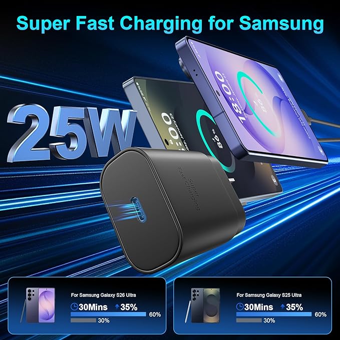 Super Fast Charger Type C, 25W USB C Wall Charger Fast Charging for Samsung Galaxy S26 Ultra/S26/S26+/S25 Ultra/S25/24 Ultra/S24/S23 Ultra/S22 Ultra with 8FT Long Android Type C Charger Cable 2Pack