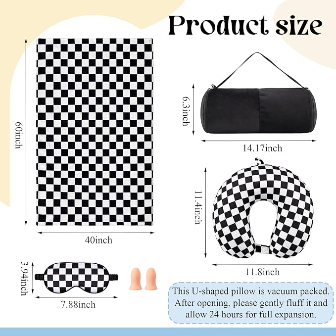 HunnmingRe 5 Pcs Travel Pillow and Blanket Set, 5 in 1 Travel Airplane Compact Includes 40 x 60 Inch Throw Blanket Eye Mask Neck Pillow Earplug and Bag Gifts for Travelers Women(Checkered,Black)