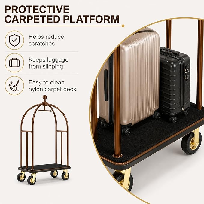 Hotel Luggage Cart, Heavy Duty Bellman Cart with 1600 lbs Capacity, 8" Silent Wheels, Stainless Steel Rolling Luggage Trolley with Carpet Deck for Hotels, Resorts & Apartments(Champagne)