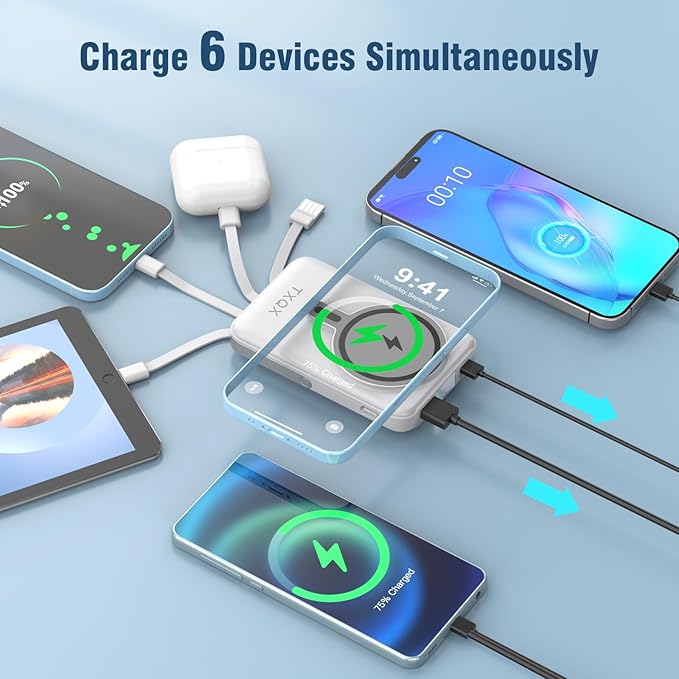 Wireless Portable Charger 10000mAh,Magnetic Power Bank with Built-in Cables LED Display,22.5W PD Fast Charging for Magsafe Battery Pack Compatible with iPhone16/15/14/13/12/Pro/Pro Max (White)
