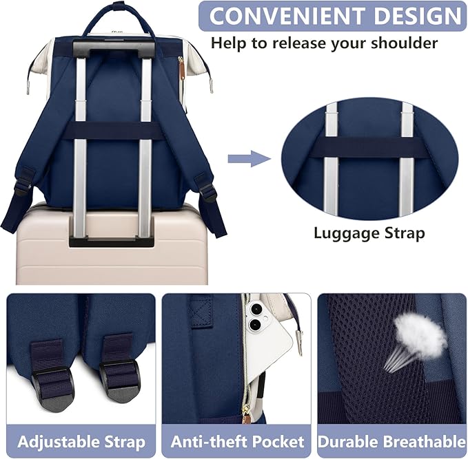 Focdod Laptop Backpack for Womem Work Bags: 15.6 Inch Travel BackPacks Durable Back Pack With USB Charging Port Anti Theft Fashion College BookBag Purse Bussiness Daypack for Nurse Teacher Navy Beige