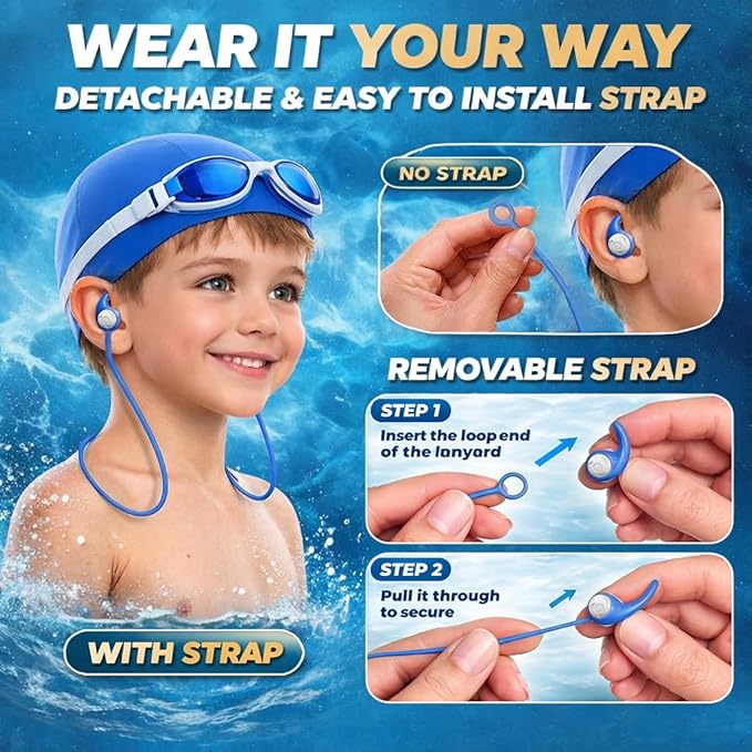 Swimming Ear Plugs for Kids with Lanyard, 3 Pairs Waterproof Reusable Soft Silicone Swim Earplugs for Pool, Surfing, Diving, Showering