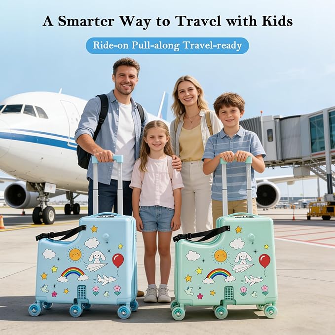 Ride on Suitcase for Kids, Hard Shell Kids Luggage with Belt, Foldable Pedal & Front Grab Handles, Hidden Cup Holder, TSA Lock, 6 Spinner Wheels, Kids Carry on Suitcase for Travel, Blue