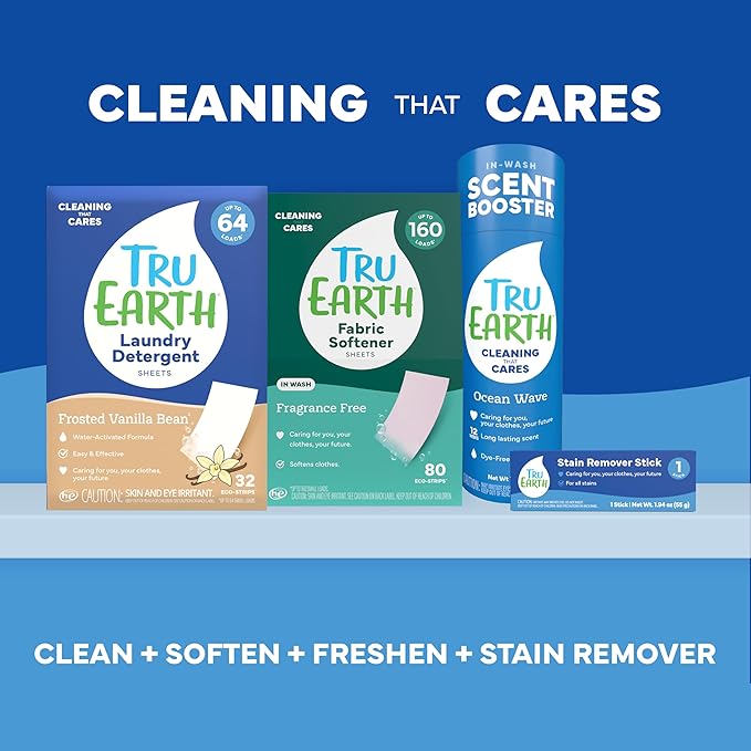 Tru Earth Compact Dry Laundry Detergent Sheets - Up to 64 Loads (32 Sheets) - Paraben-Free - Original Eco-Strip Liquidless Detergent, Great for Travel - Vanilla Bean