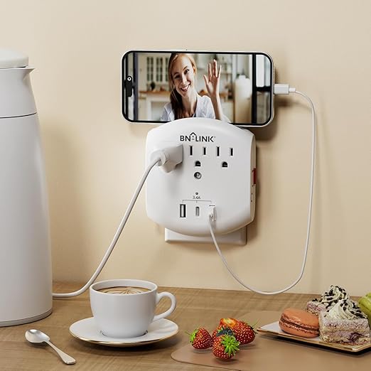 BN-LINK 3-Outlet Extender, Multi Plug Outlets with 3 USB Ports (3.4A Total), Dusk-to-Dawn Sensor Night Light, Surge Protector with Top Phone Holder, for Traveling, Home, School, Office