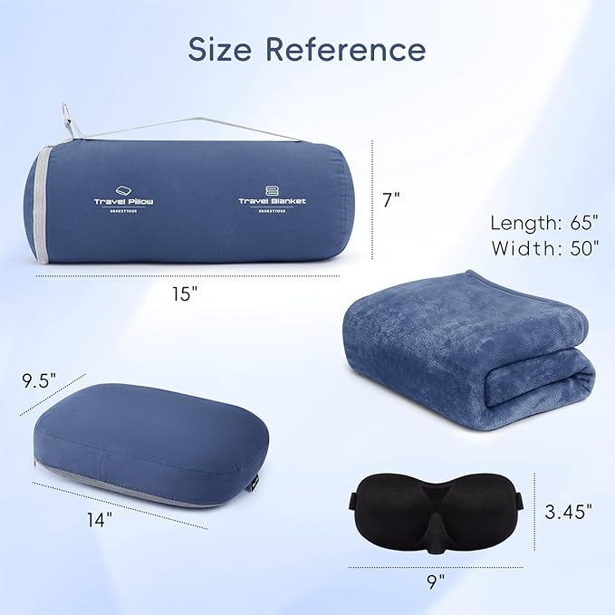 urnexttour 4-in-1 Travel Pillow & Blanket Set with Eye Mask, Memory Foam Neck Support, 50x65 Inch Blanket, Storage Bag for Airplane, Car, Train, Home Travel Blue