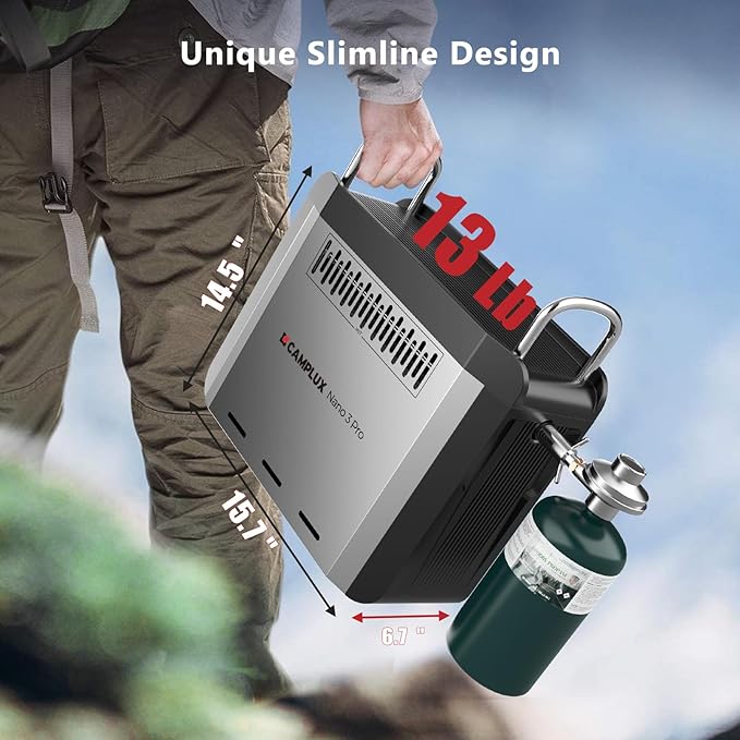 CAMPLUX Nano 3 Pro, Battery Powered Portable Water Heater, 1 lb On-Demand Propane Camping Shower, On Ground Camp Water Heater & Shower Pump, CSA Certified Safety