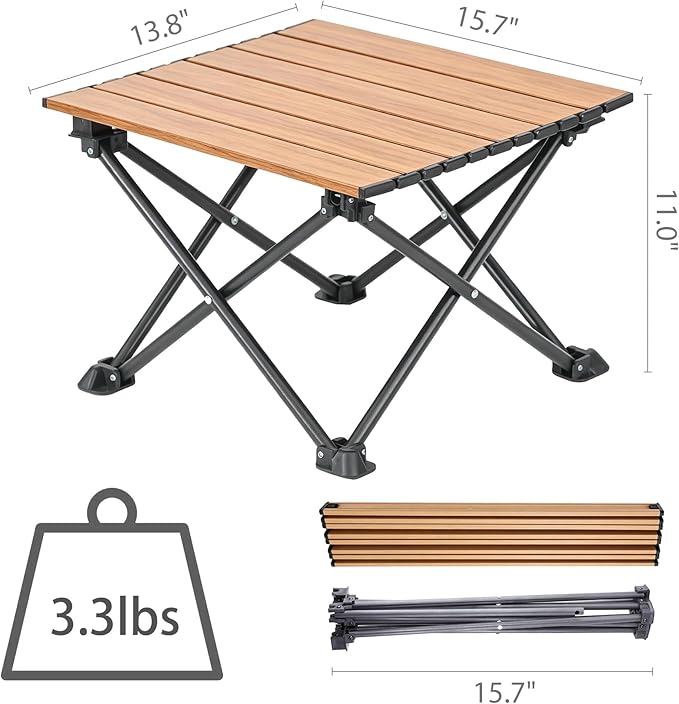 Wind Tour Roll-Up Camping Table, 4-Person Lightweight Aluminum Portable Outdoor Table with Carry Bag for Picnics BBQ Travel (15.7”x13.7”x11”| Wood Grain)