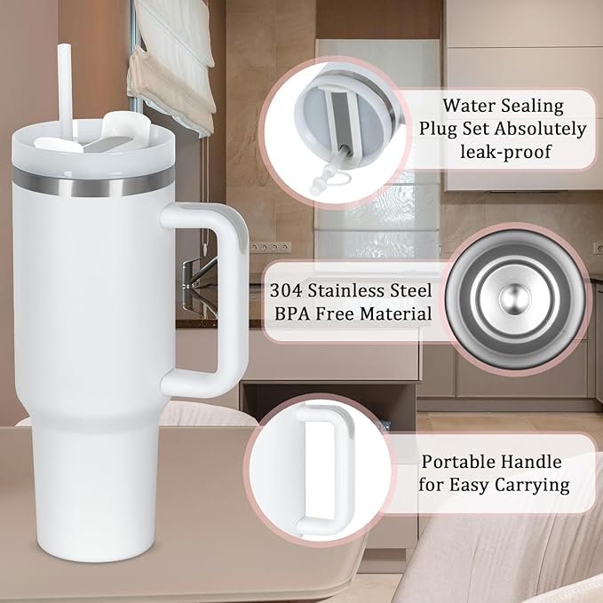 4 Pack 40 Oz Tumbler with Handle Bulk, Double Wall Vacuum Insulated Stainless Steel Tumbler with Lid and Straw, 40 oz cup with Silicone Spill Proof Stopper Set (White)