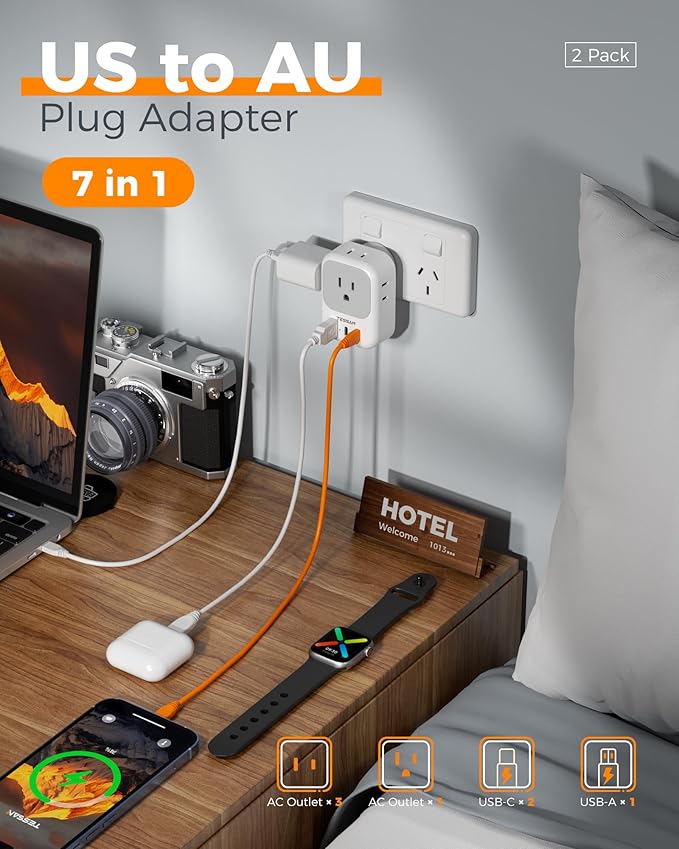 Australia Plug Adapter 2 Pack, TESSAN New Zealand Power Adapter with 4 Outlets 3 USB (2 USB-C), Type I Travel Adaptor for US to Australian Argentina China Fiji Samoa Tonga Kiribati