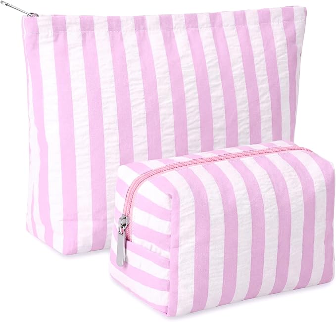 Huhumy 2 Pcs Makeup Bag Set Cute Cosmetic Pouch for Women Seersucker Travel Toiletry Bag Preppy Small Makeup Purse Pouch Aesthetic Skincare Brushes Storage Organizer for Valentine Women(Pink Wide)