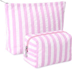 Huhumy 2 Pcs Makeup Bag Set Cute Cosmetic Pouch for Women Seersucker Travel Toiletry Bag Preppy Small Makeup Purse Pouch Aesthetic Skincare Brushes Storage Organizer for Valentine Women(Pink Wide)