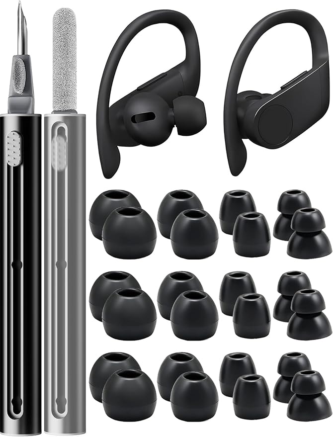 12 Pairs Replacement Ear Tips for Beats Powerbeats Pro/Flex/X Earbuds, Soft Silicone Non-Slip Earbud Accessories, Beats Replacement Tips with Cleaning Kit (Black)