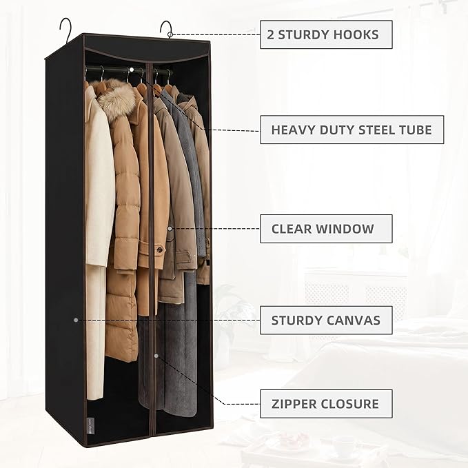 STORAGE MANIAC 57" Long Garment Bags for Hanging Clothes Garment Cover for Closet Storage, Large Hanging Garment Bag for Dresses, Suits, Coats, Zipper Cover with Sealed Clear Window, Black 2 Pack
