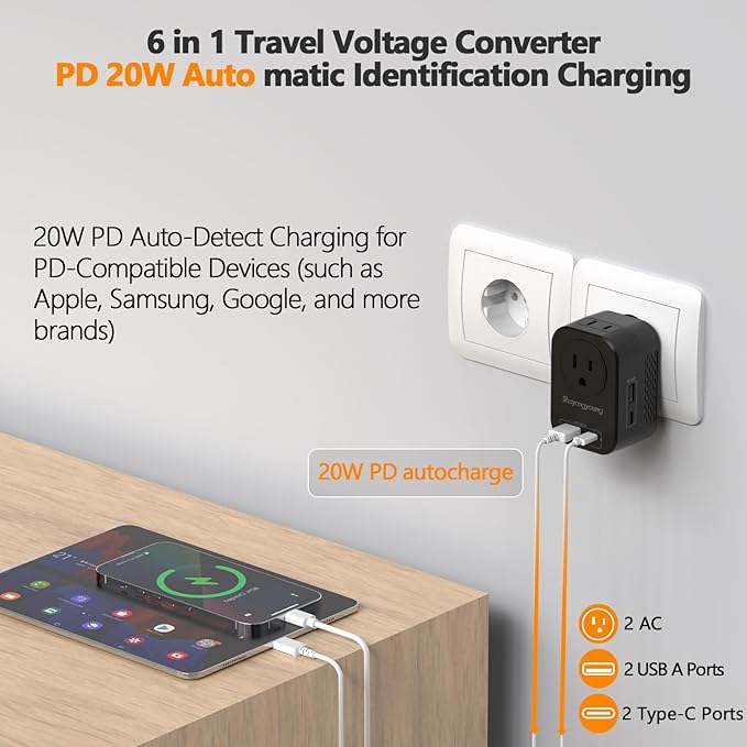 220V to 110V 20W PD Voltage Converter US to Europe International Universal Travel Adapter with 2 USB A 2 Type-C Port Worldwide Power Converters Plug Combo for Spain Italy (Black)-MB