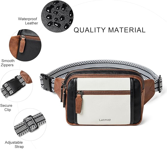 LATMAP 3L TRIPLE ZIP Fanny Packs Belt Bag For Women Men Crossbody Waist Pack Sling Chest Bum Travel Bag Purse Faux Leather Fashion Cute Black