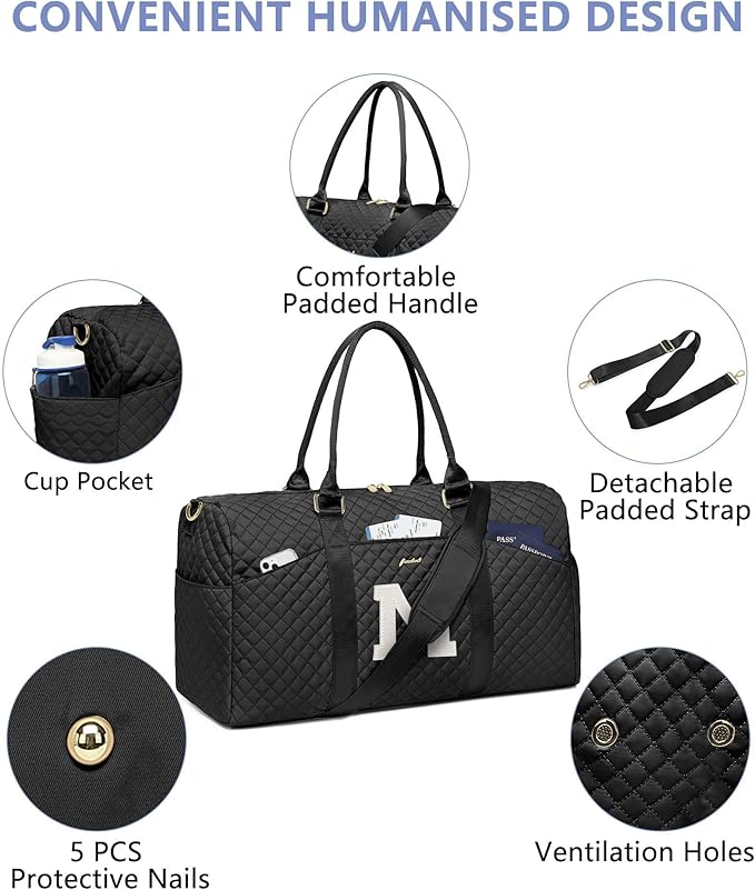 Women Weekender Travel Duffle Bag: Initial Duffel Overnight Bags with Shoe Compartment Large Carry on Tote with Toiletry Bag Weekend Traveling Yoga Gym Hospital Bag for Women with Wet Pocket Letter M