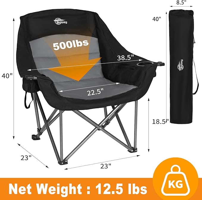 Bolosy Oversized XL Camping Chairs for Adults Heavy Duty Support 500 lbs Outdoor Folding Chairs Padded Portable Lawn Chairs Camp Chairs with Cup Holder