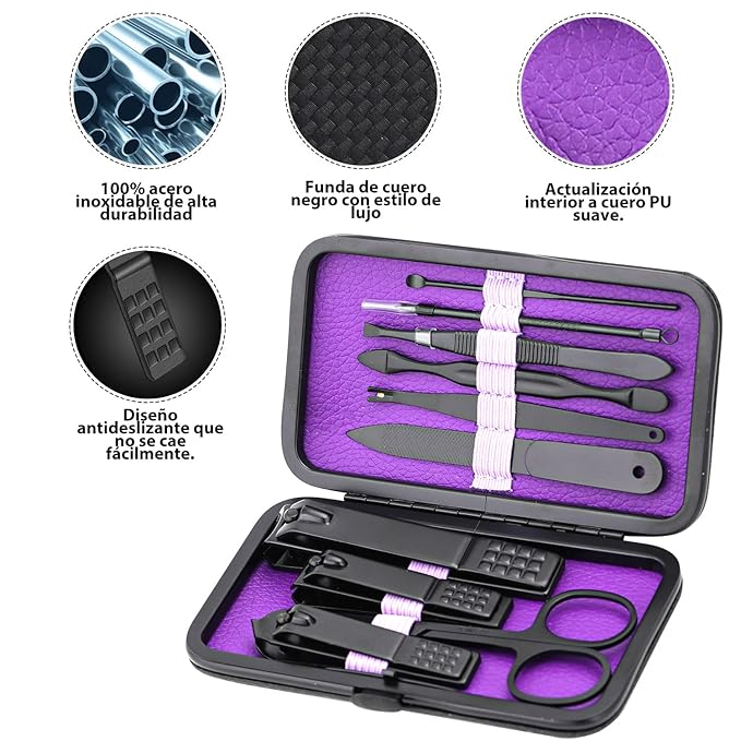 Glamne Manicure Set Nail Clippers Kit Professional Stainless Steel Nail Care Tools with Leather Travel Case 10 in 1 Purple