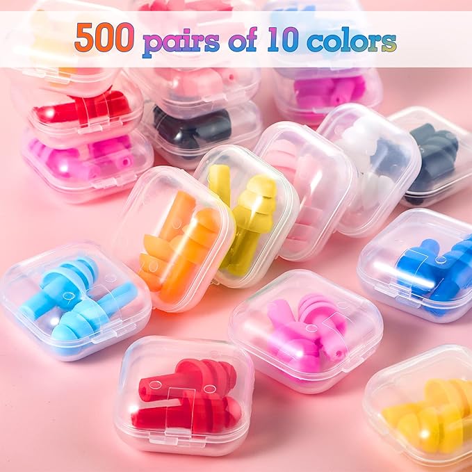Ear Plugs Bulk for Sleeping Noise Cancelling, Swimming, Shooting, Concerts, Snoring 10 Assorted Colors with Carry Cases Reusable Silicone Earplugs Soft Ear Plugs (500 Pairs)