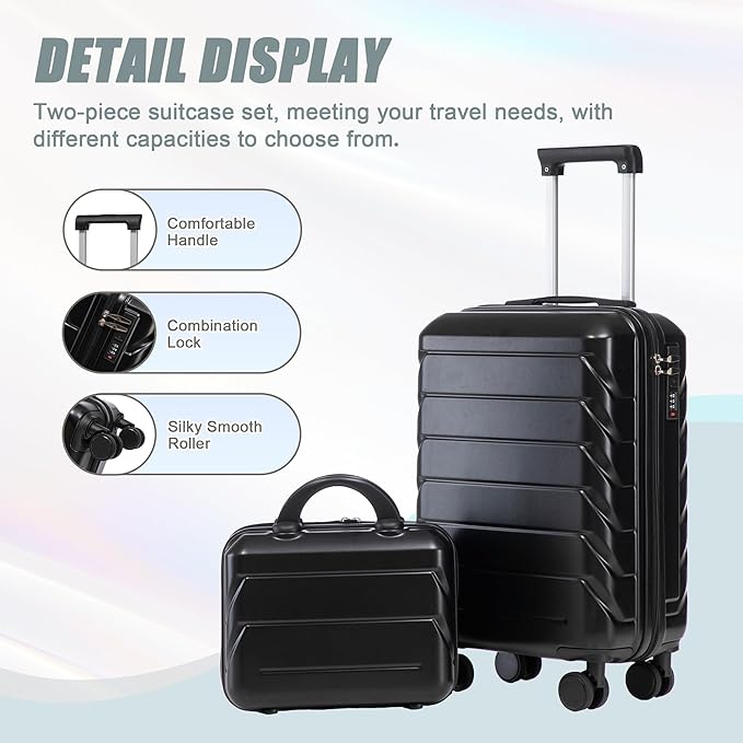 Kids Luggage Sets for Girls, 2 Piece Luggage Set, 20 Inch Rotating Wheel Suitcase with 14 Inch Cosmetic Case, Lightweight Hardshell Suitcase with 360° Spinner Wheels for Travel (Black)