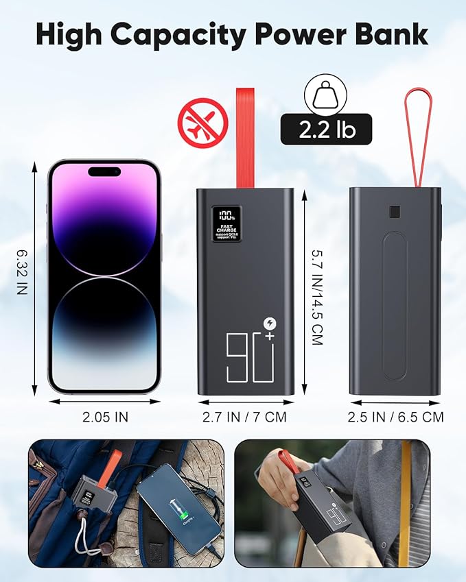 90000mAh High Capacity Power Bank, 30W Fast Charging Portable Charger PD&QC 3.0, 5 Output 2 Input Large Powerbank with LED Display USB C Battery Pack Charger Portable for Outdoor Camping Travel